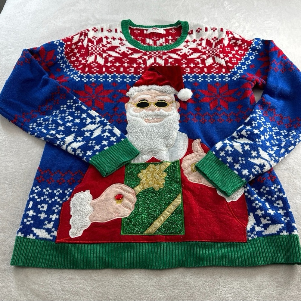 🎄Holiday time ugly Christmas Festive Santa Knit Sweater Red, Blue & Green large